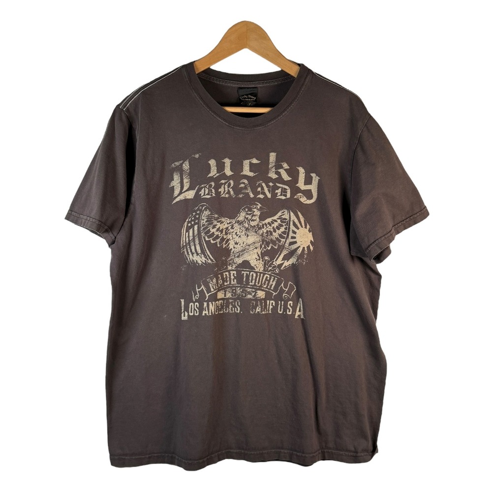 Lucky Brand Eagle Graphic T-Shirt L Brown Distressed Moto Western USA Made